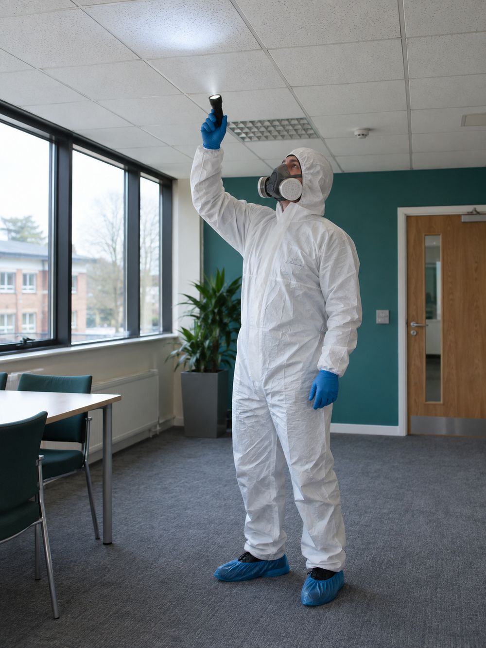 Asbestos surveyor in protective coveralls inspecting a ceiling