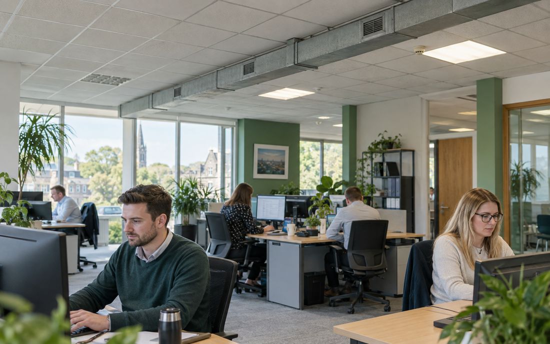 Busy office with ceiling tiles and service ducts overhead